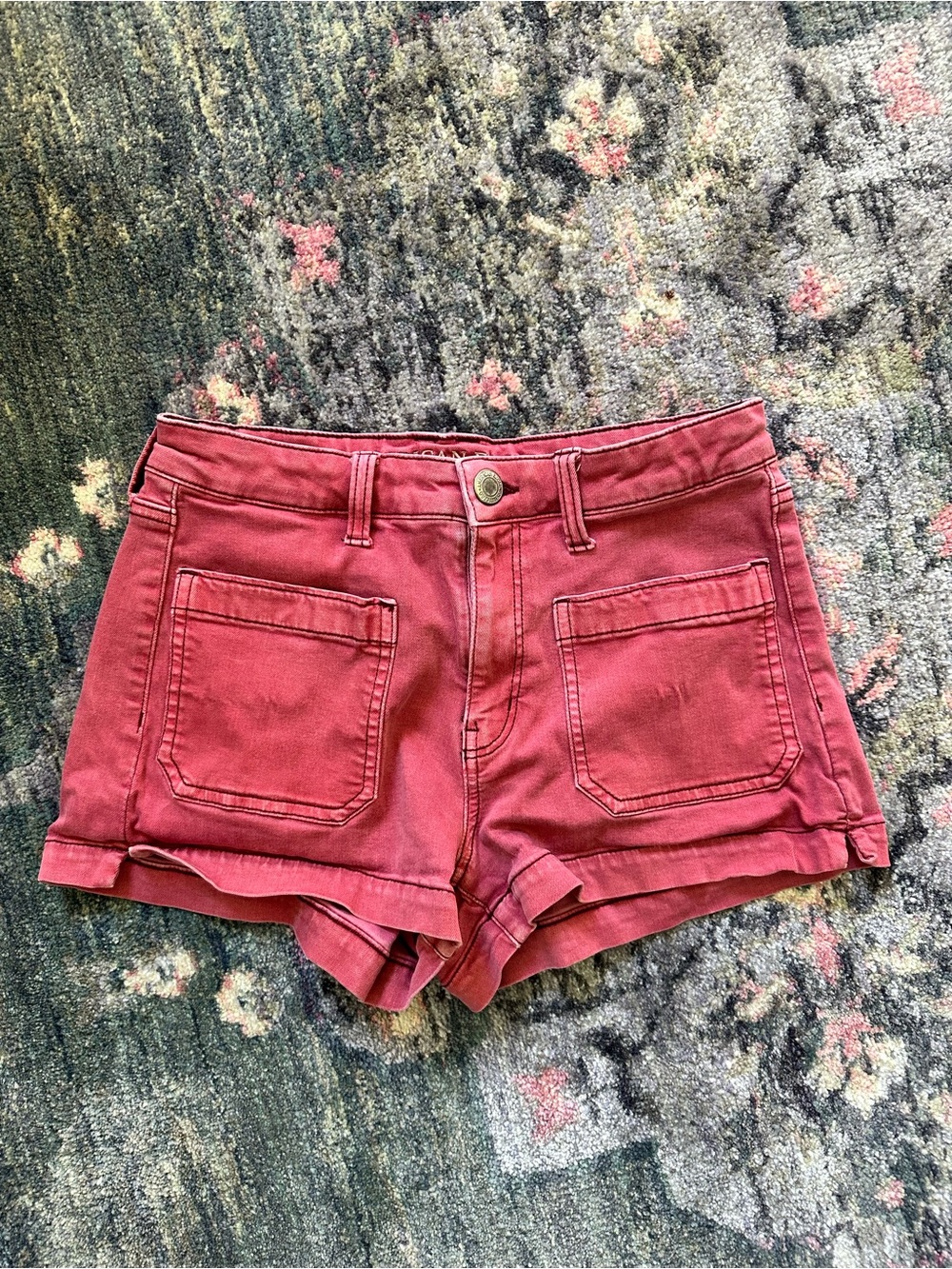 American Eagle Outfitters Pink/Red Denim Front-Pocket Hi-Rise Shorties 8 Cute!
